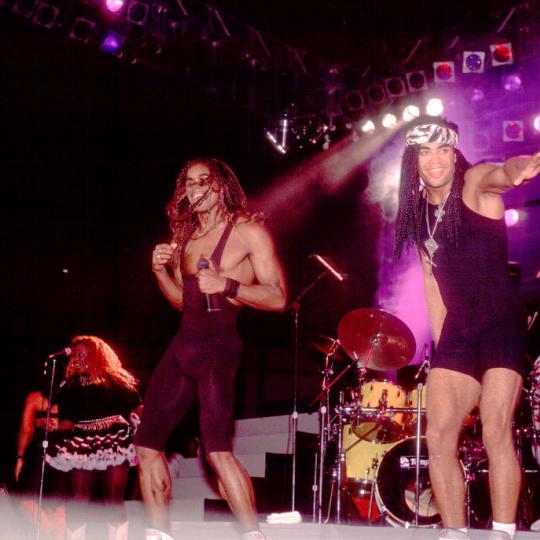Pop duo Milli Vanilli, with Fab Morvan (left) and Rob Pilatus (1965 - 1998), perform onstage, Chicago, Illinois, July 8, 1989. (Photo by Paul Natkin/Getty Images)