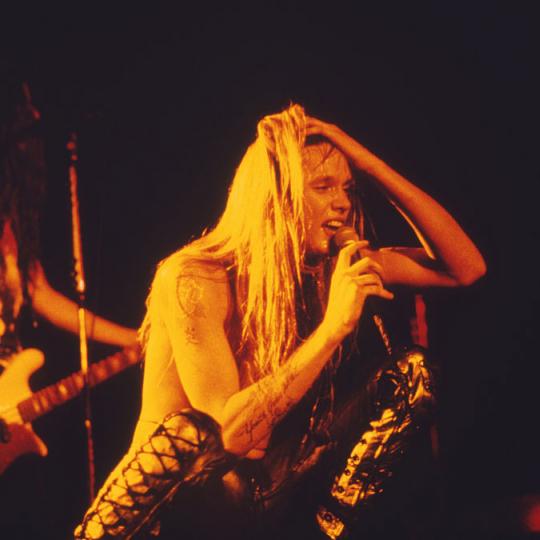 Canadian singer Sebastian Bach performing with American rock group Skid Row, 1990. (Photo by Mick Hutson/Redferns/Getty Images)