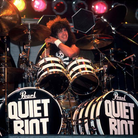 American Rock musician Frankie Banali, of the band Quiet Riot, performs onstage, Des Moines, Iowa, August 20, 1984. (Photo by Paul Natkin/Getty Images)