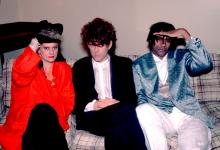 Portrait of members of the English New Wave group Thompson Twins as they pose backstage at the Poplar Creek Music Theater, Hoffman Estates, Illinois, August 21, 1984. Pictured are, from left, Alannah Currie, Tom Bailey, and Joe Leeway. (Photo by Paul Natkin/Getty Images)