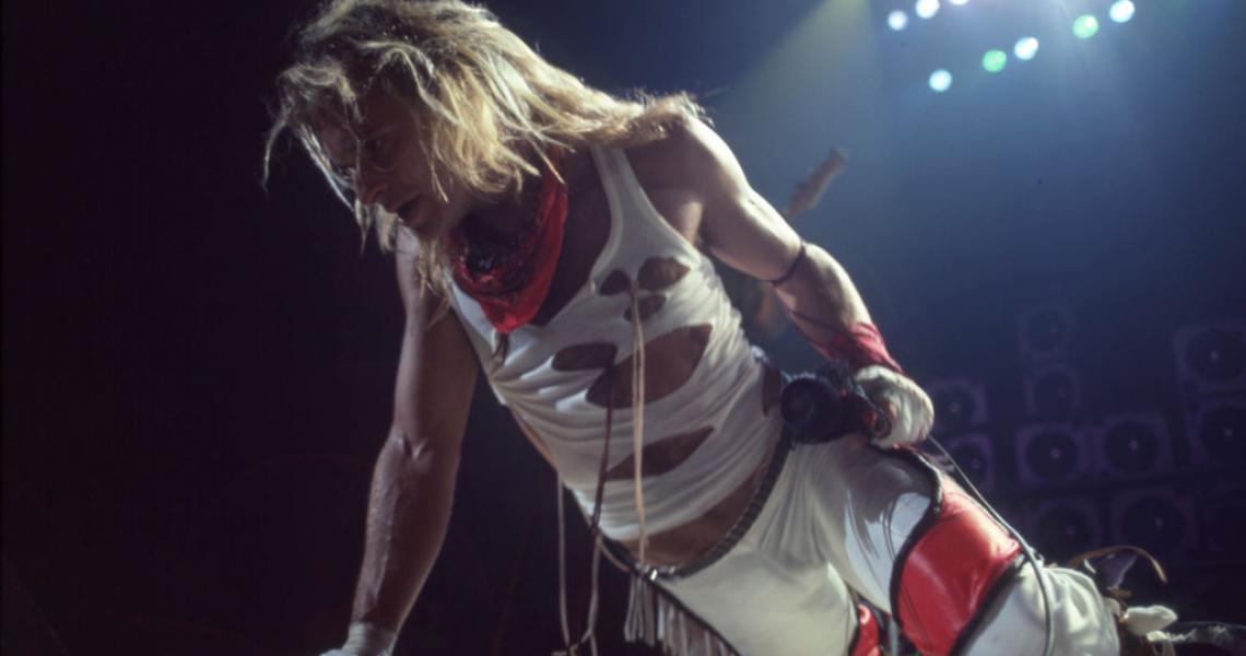 DETROIT - JULY 3: American rock vocalist, musician, songwriter and original lead singer of Van Halen, David Lee Roth, performs during the band's "Fair Warning Tour" on July 3, 1981, at Cobo Arena in Detroit, Michigan. (Photo by Ross Marino/Getty Images)