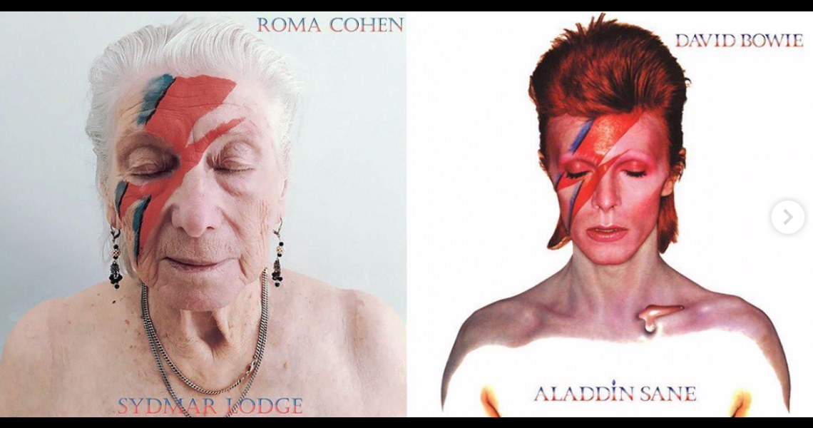 A care home resident recreates David Bowie's album cover. 