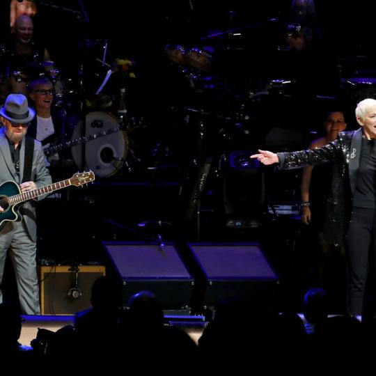 DECEMBER 09: Annie Lennox (L) and Dave Stewart of the Eurythmics perform onstage during the The Rainforest Fund 30th Anniversary Benefit Concert Presents 'We'll Be Together Again' at Beacon Theatre on December 09, 2019 in New York City. (Photo by Kevin Kane/Getty Images for The Rainforest Fund)