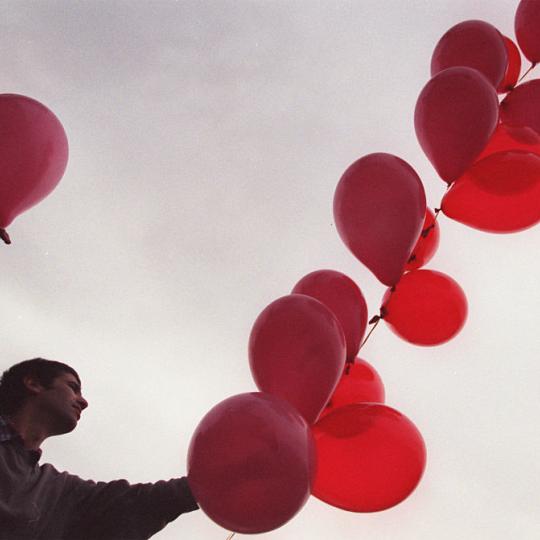 Yoni (cq) Levenbach (cq), owner of Jasmine Blue flower shop in Sherman Oaks, CA strings promotional red and pink balloons in front of his shop inn preparation for Valentine's Day. Photo shot on Tuesday 2/8/2000.