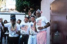  DJ Mr. Mixx (David Hobbs), Fresh Kid Ice (Chris Wong Won), Brother Marquis (Mark Ross), Luke Skyywalker (Luther Campbell) of the rap group "2 Live Crew" backstage at a concert in 1990. (Photo by Anna Krajec/Michael Ochs Archives/Getty Images) 