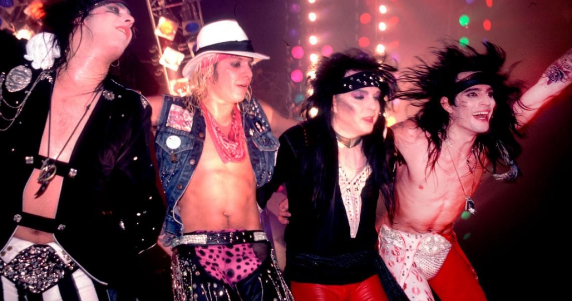 Motley Crue, left to right Nikki Sixx, Vince Neil, Mick Mars, and Tommy Lee, at the Rosemont Horizon in Rosemont, Illinois, November 1, 1985. (Photo by Motley Crue, left to right Nikki Sixx, Vince Neil, Mick Mars, and Tommy Lee, at the Rosemont Horizon in Rosemont, Illinois, November 1, 1985. (Photo by Paul Natkin/Getty Images)