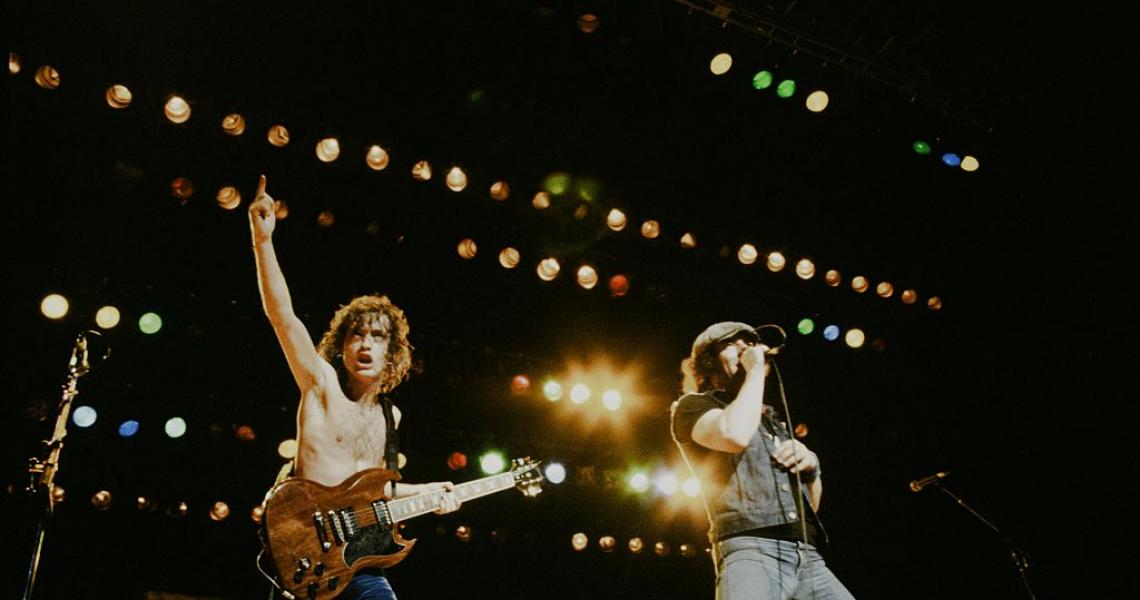 AC/DC Angus Young and Brian Johnson live at Nippon Budokan, Tokyo, June 10, 1982. (Photo by Koh Hasebe/Shinko Music/Getty Images)