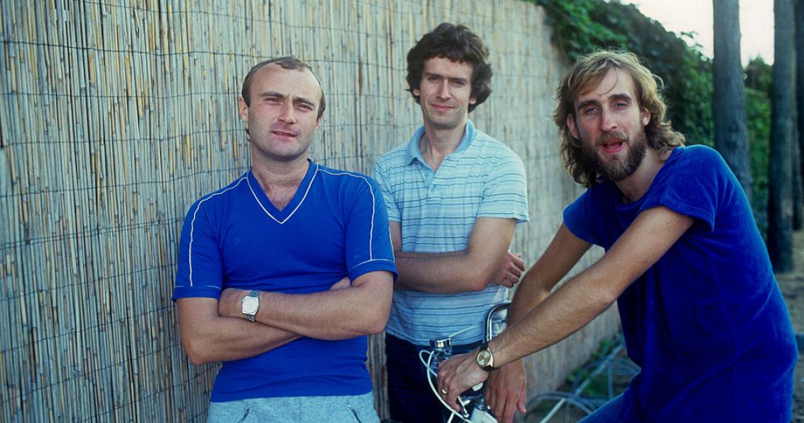 Portrait of the British singer Phil Collins, the British keyboards player Tony Banks and the British bassist and guitarist Mike Rutherford on a bike. They having a role in the British musical band called Genesis. 1981 (Photo by Angelo Deligio/Mondadori via Getty Images)