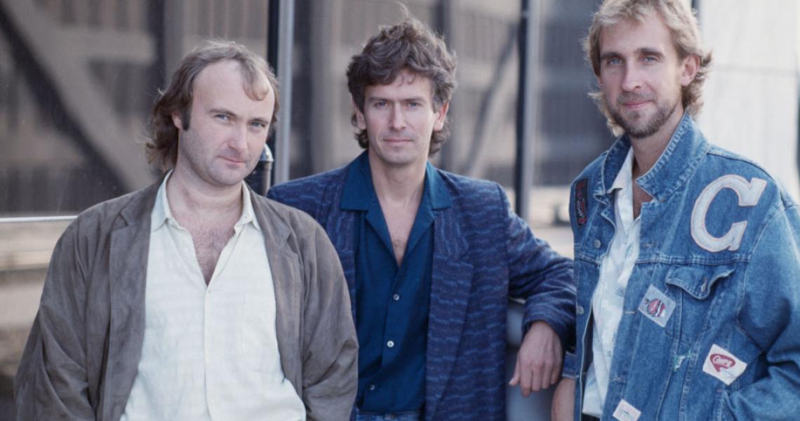 English rock group Genesis in Rosemont, Illinois, during the band's Invisible Touch Tour, October 1986. Left to right: singer/drummer Phil Collins, keyboard player Tony Banks and bassist Mike Rutherford. (Photo by Michael Putland/Getty Images)