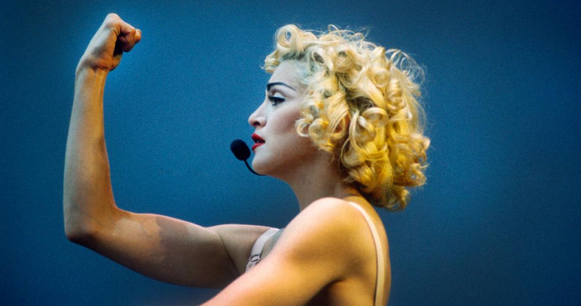 Blonde Ambition Tour, Madonna, Feyenoord Stadion, De Kuip, Rotterdam, Holland, 24/07/1990. She is wearing a Jean Paul Gaultier conical bra corset.