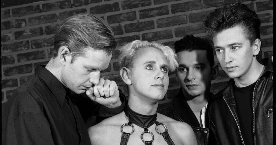 Portrait of Depeche Mode, English synthpop band, from left to right, Andy Fletcher, Martin Gore, David Gahan and Alan Wilder. Backstage at Madison Square Garden, New York City, New York. December 18, 1987. (Photo by Michel Delsol/Getty Images)