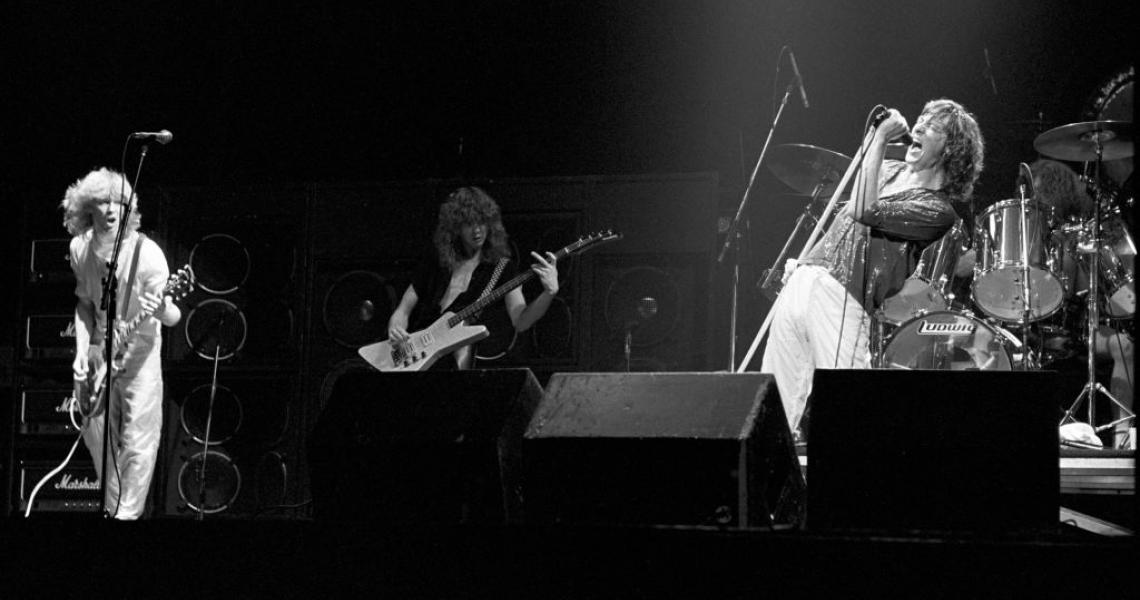 ATLANTA - SEPTEMBER 4: Steve Clark, Rick Savage, Joe Elliott and Rick Allen of Def Leppard perform at The Fox Theater on September 4, 1981 in Atlanta, Georgia. (Photo by Tom Hill/Getty Images)